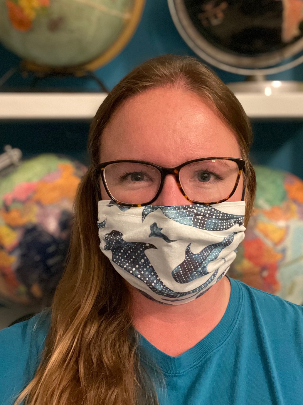 Laura Haythorn in her homemade whale shark mask