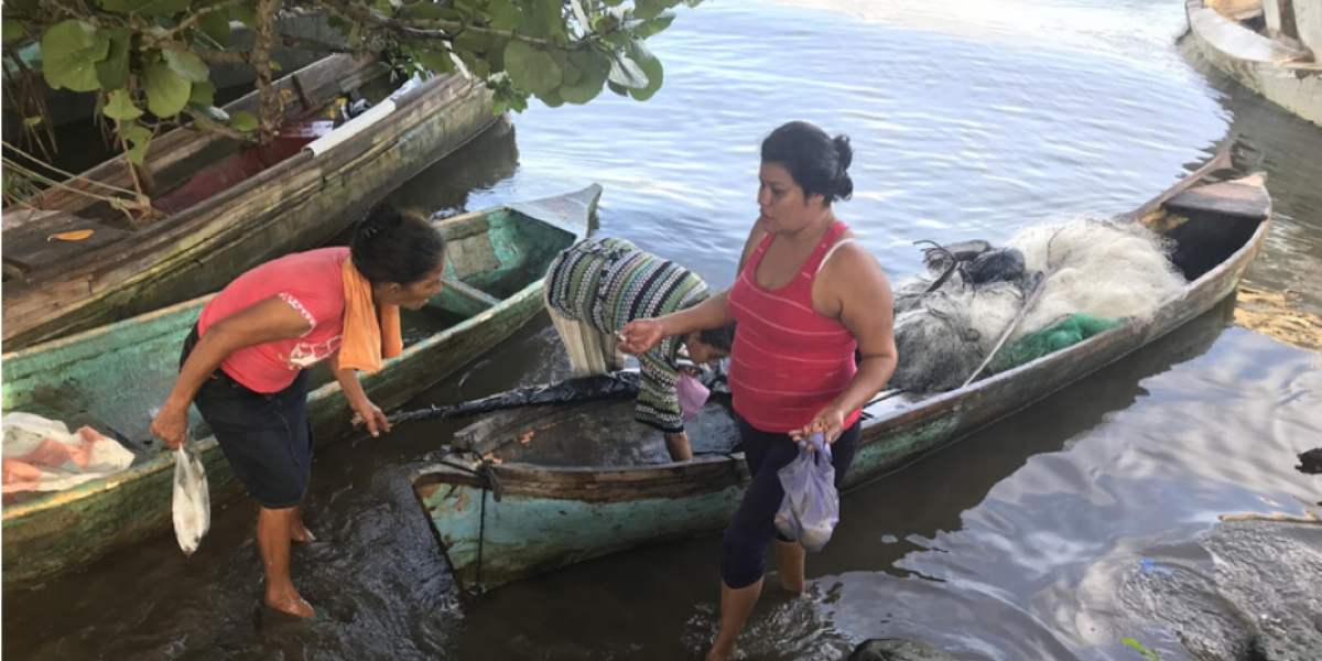 Women unload a fishing boat in Tela